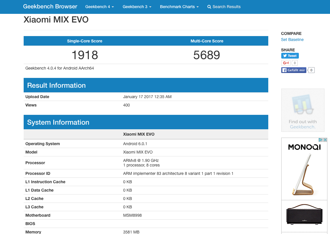 Xiaomi Mix Evo im Geekbench gesichtet