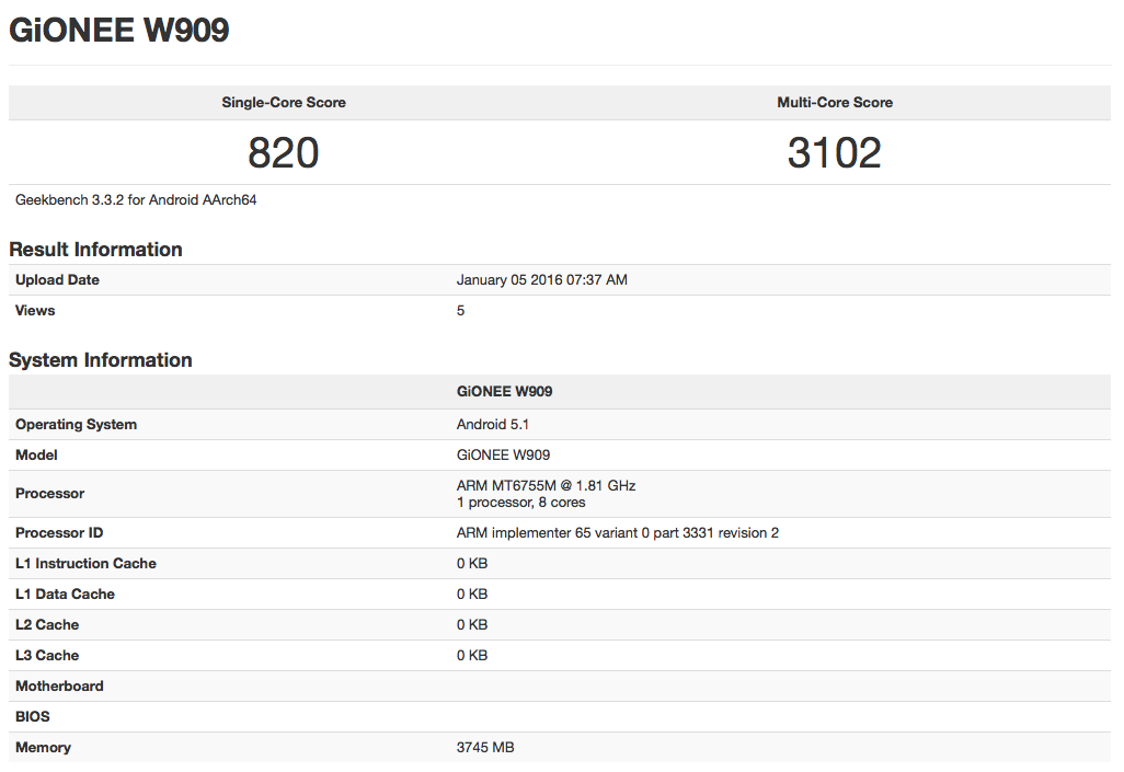 Geekbench Datenbank: Gionee W909 gesichtet