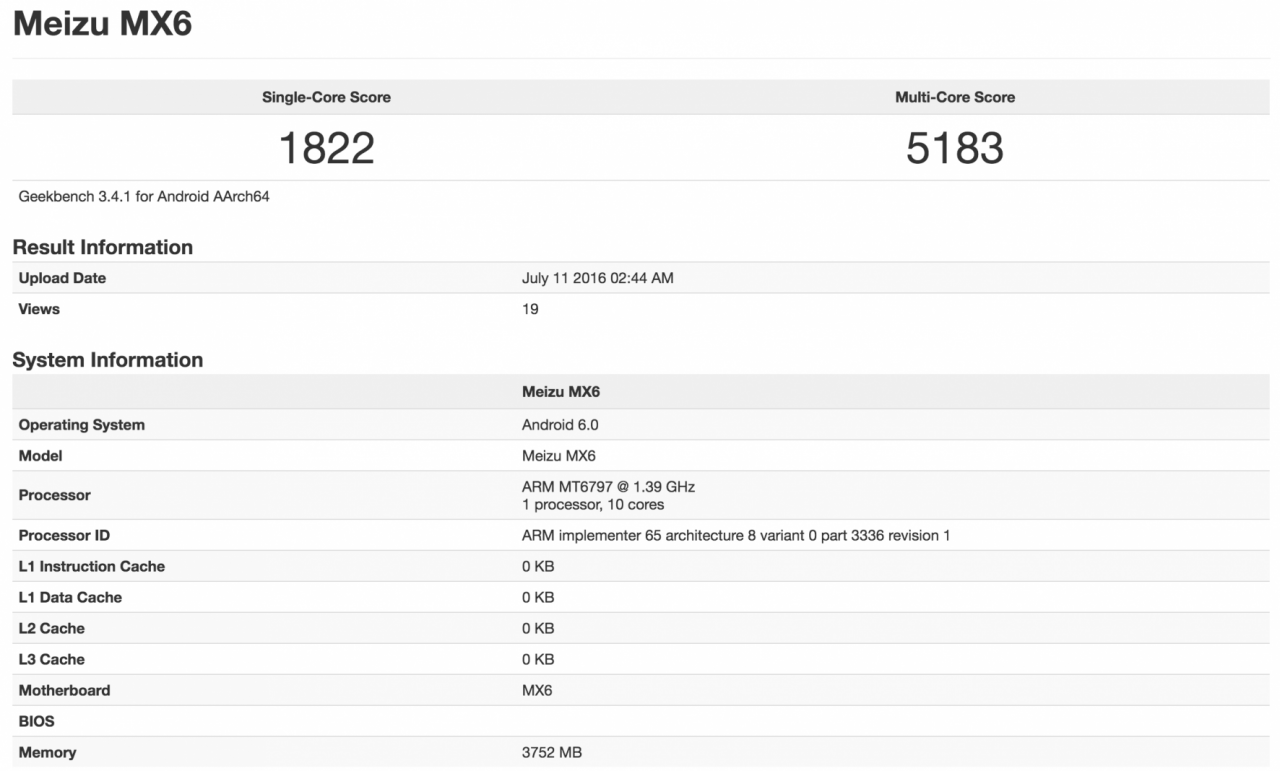 Meizu MX6 Geekbench Listing