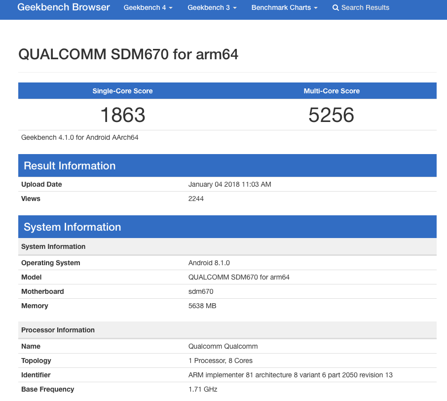 Snapdragon 670 im Geekbench Benchmark