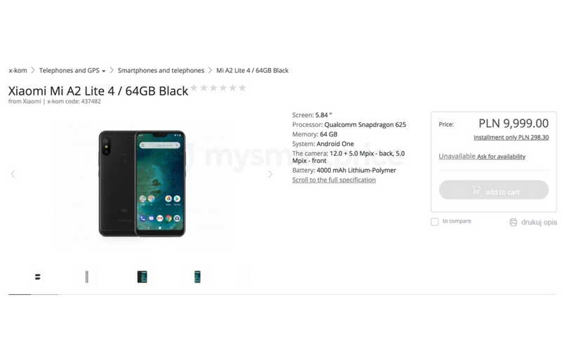 Xiaomi Mi A2 Lite Listing