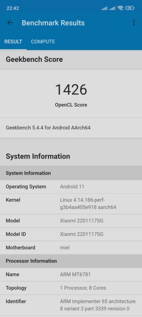Redmi Note 11S Geekbench GPU