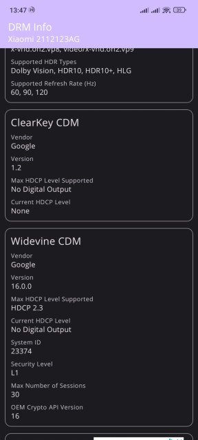 Xiaomi 12X Widevine L1 DRM