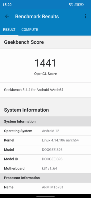 Doogee S98 Geekbench GPU Benchmark