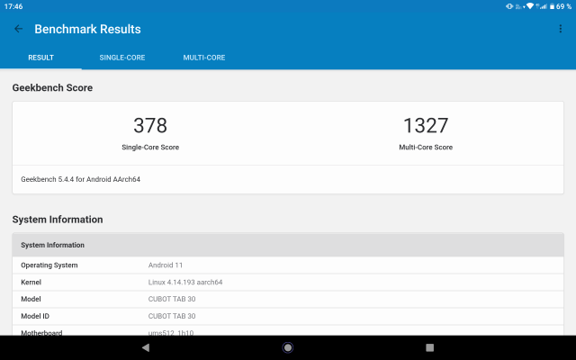 Cubot Tab 30 Geekbench 5 CPU