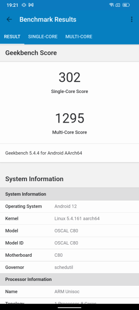 Oscal C80 Geekbench CPU Benchmark