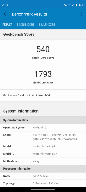 Moto G72 Geekbench CPU Benchmark