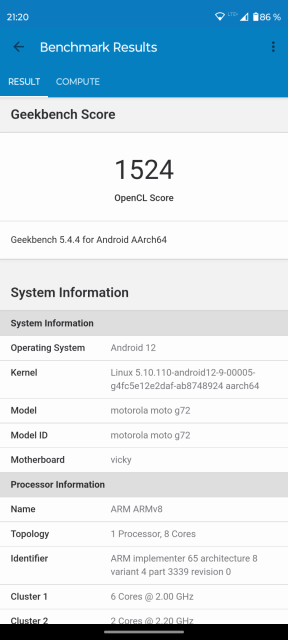 Moto G72 Geekbench GPU Benchmark