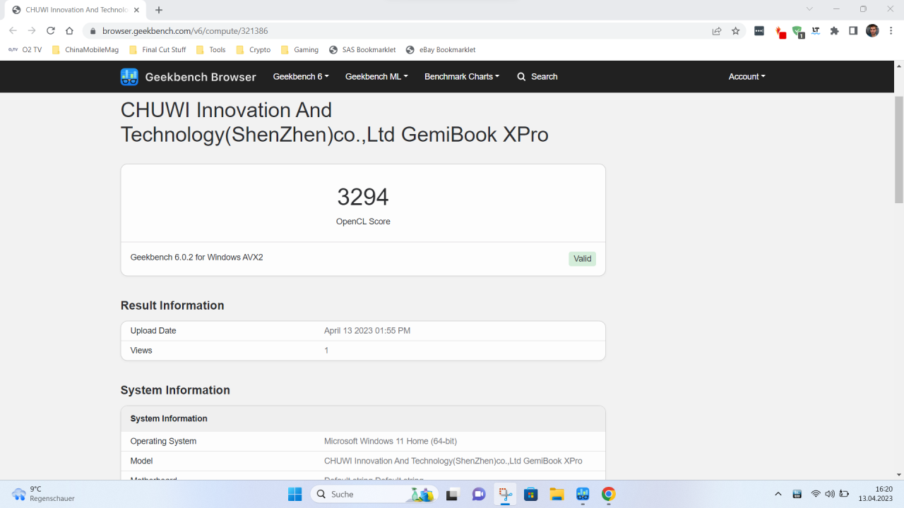 Chuwi GemiBook XPro Geekbench Compute