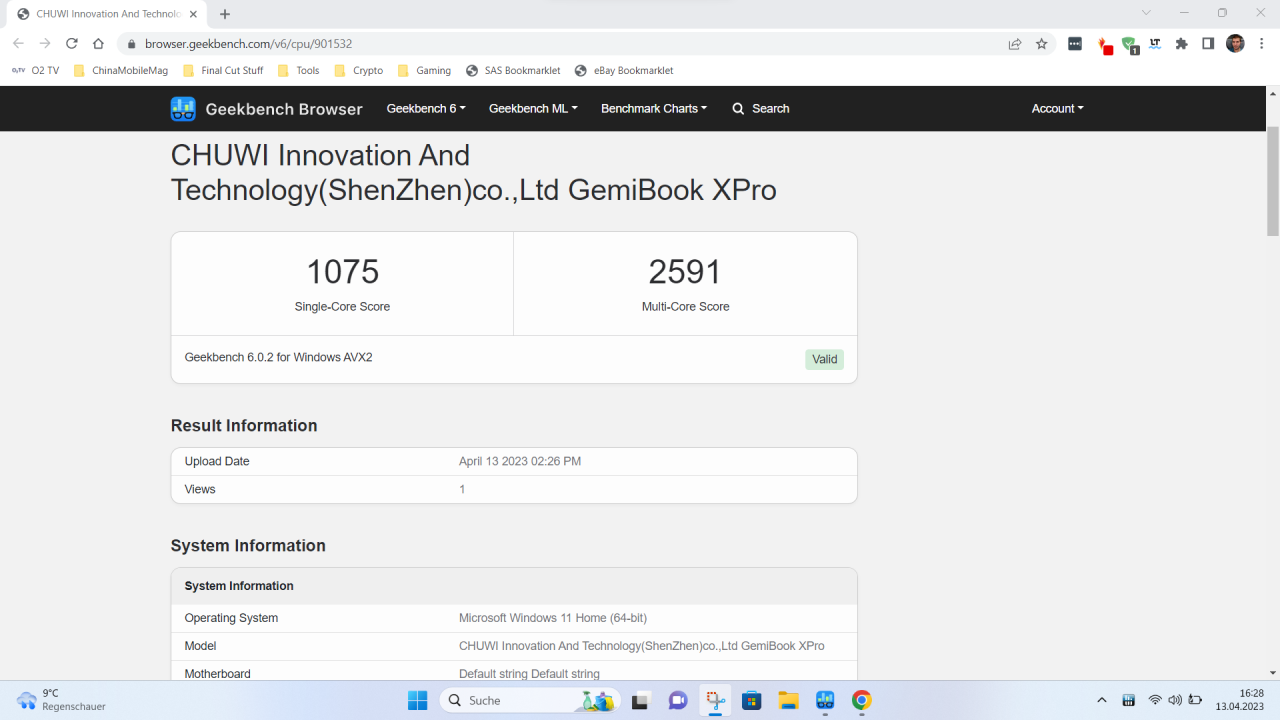 Chuwi GemiBook XPro Geekbench CPU