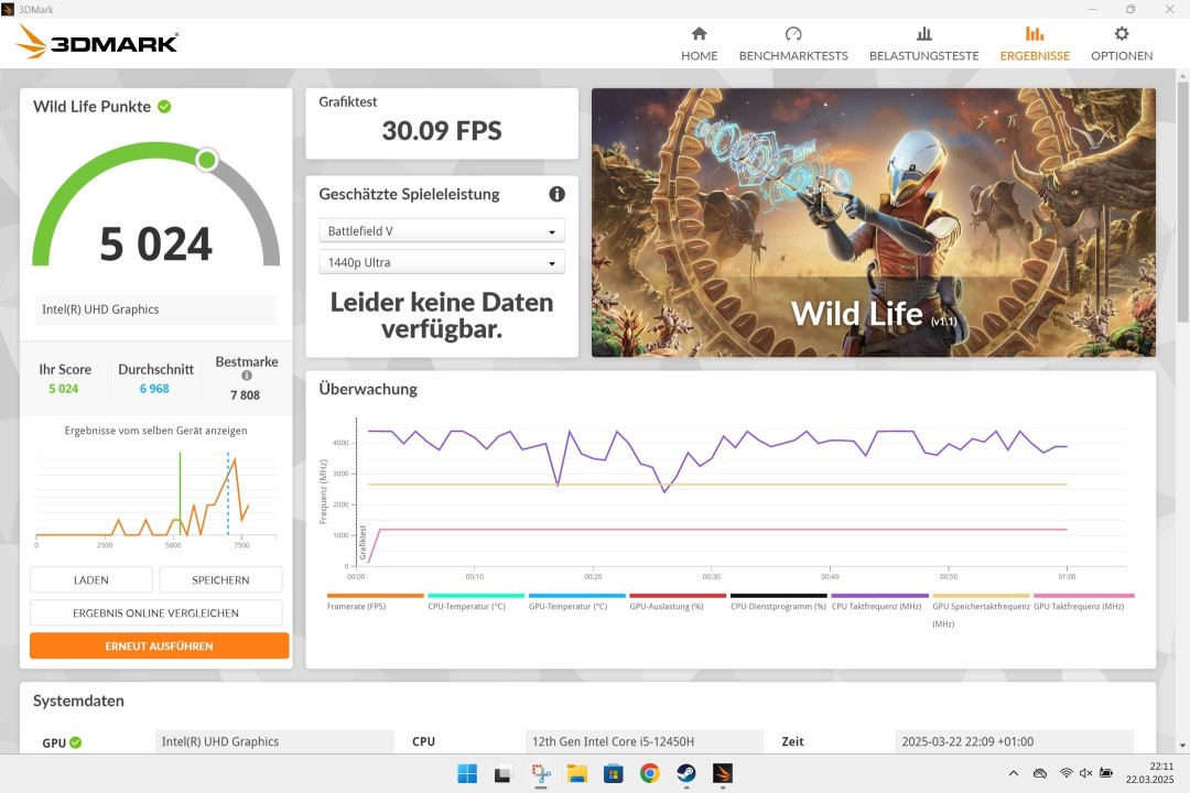 Chuwi CoreBook X 12450H 3DMark Wild Life