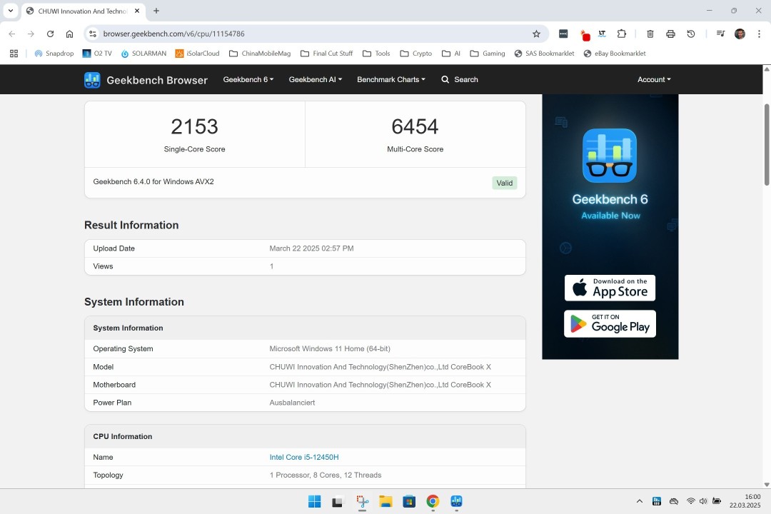 Chuwi CoreBook X 12450H Geekbench CPU