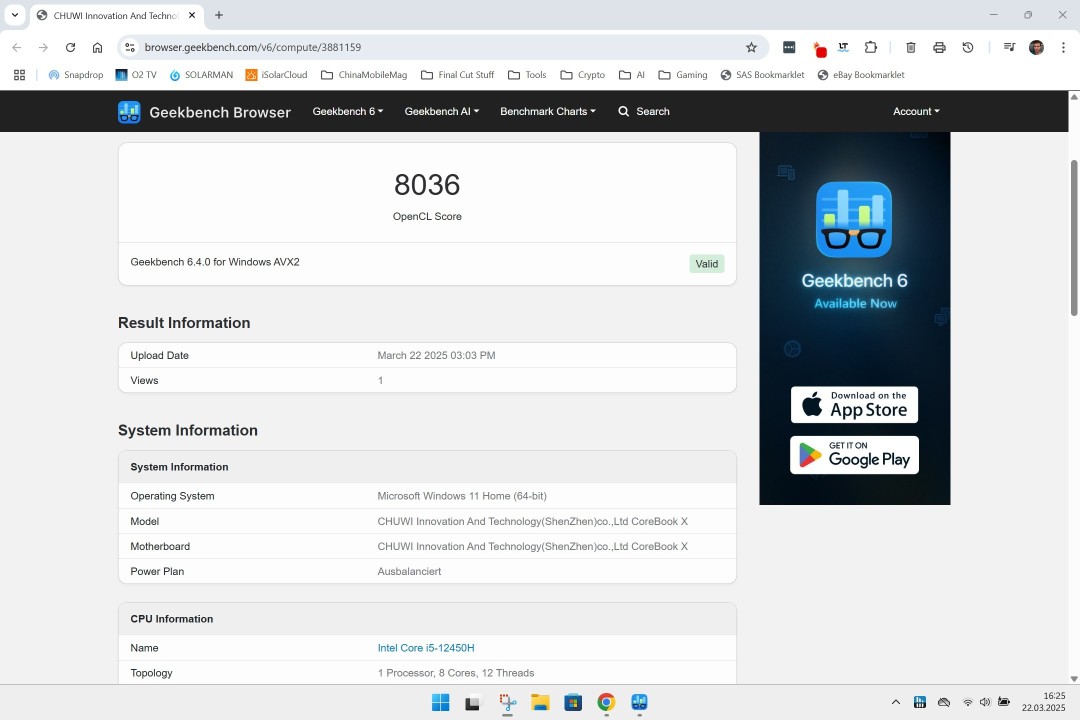 Chuwi CoreBook X 12450H Geekbench GPU