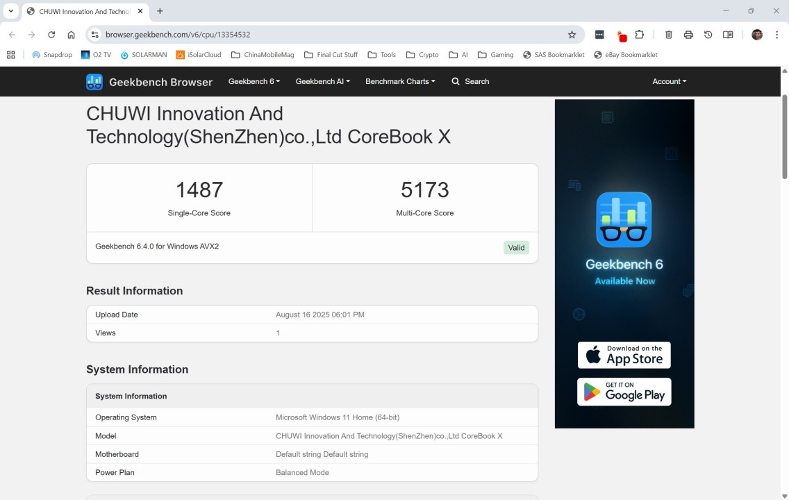Chuwi CoreBook X 7430U Geekbench CPU