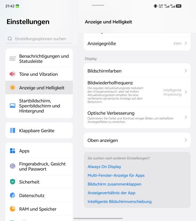 Vivo X Fold 5 Display Einstellungen