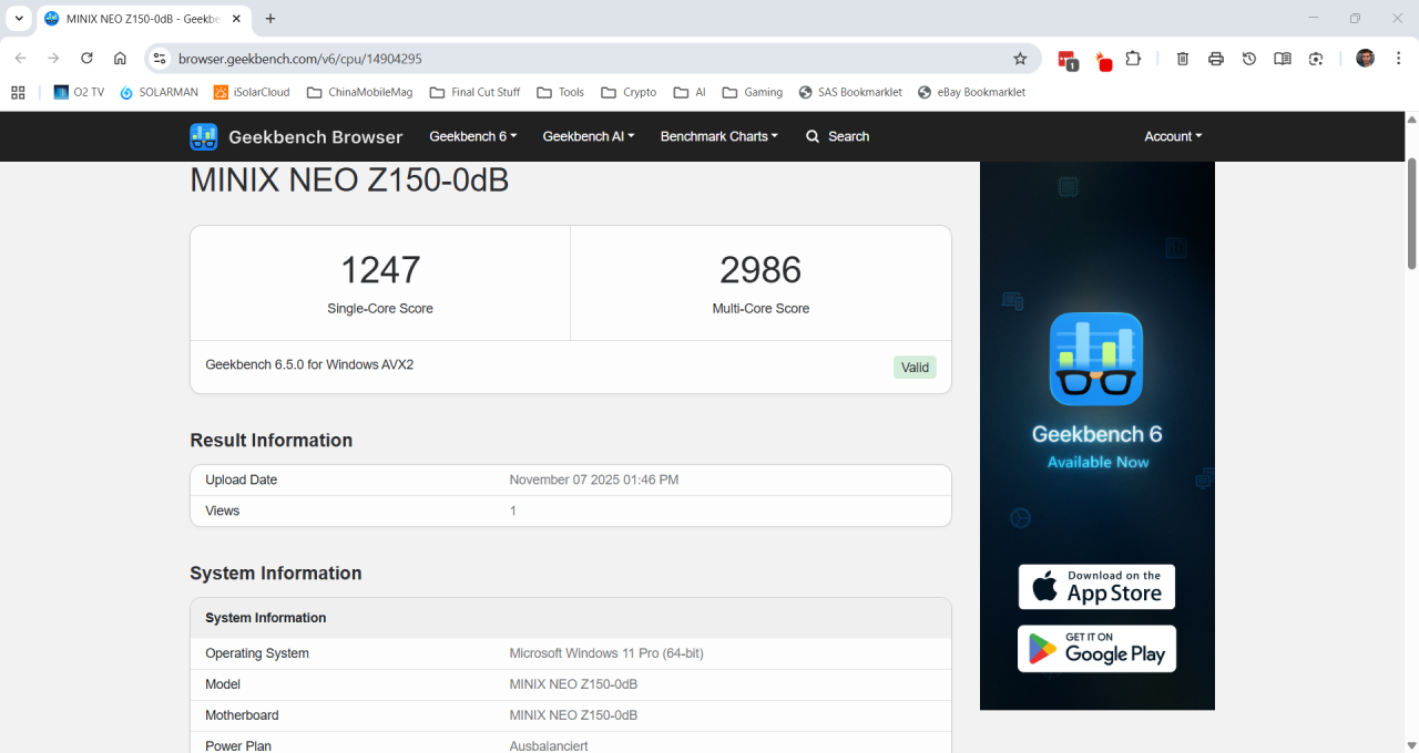 Minix Z150-0dB Geekbench CPU Benchmark