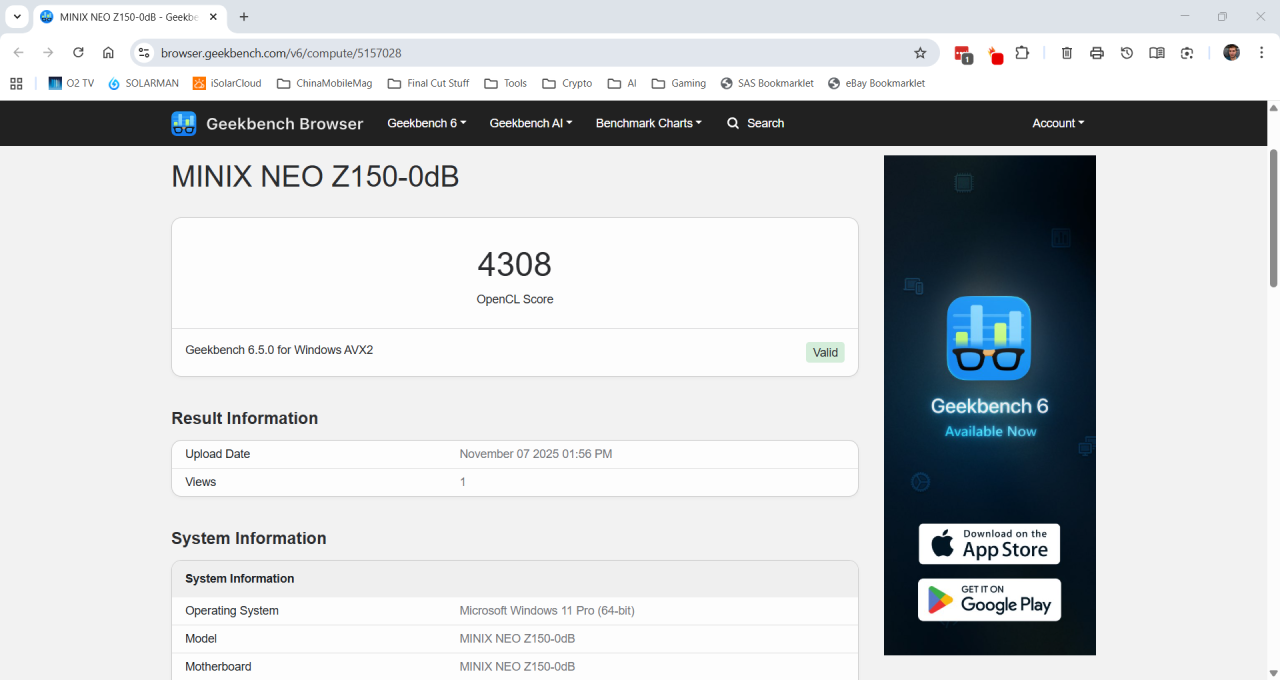 Minix Z150-0dB Geekbench GPU Benchmark