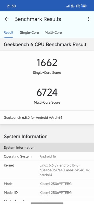 Xiaomi 15T Geekbench CPU Benchmark