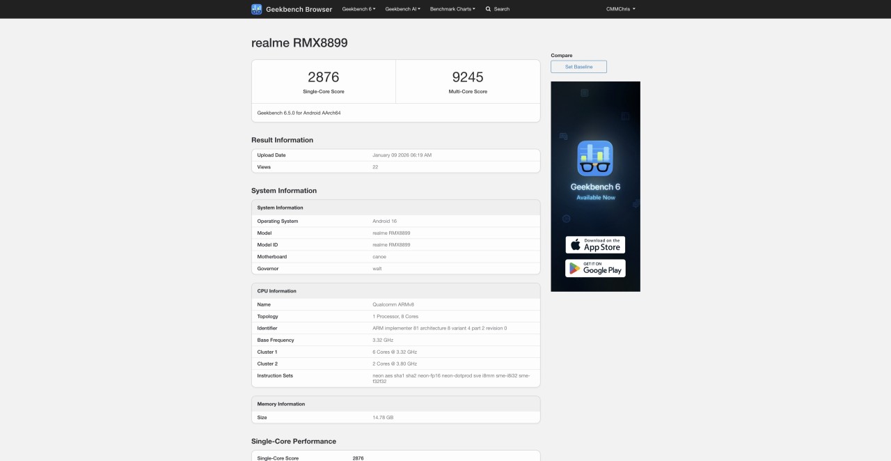 Realme Neo 8 RMX8899 Geekbench
