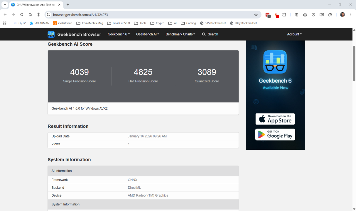 Chuwi CoreBook Air Geekbench AI