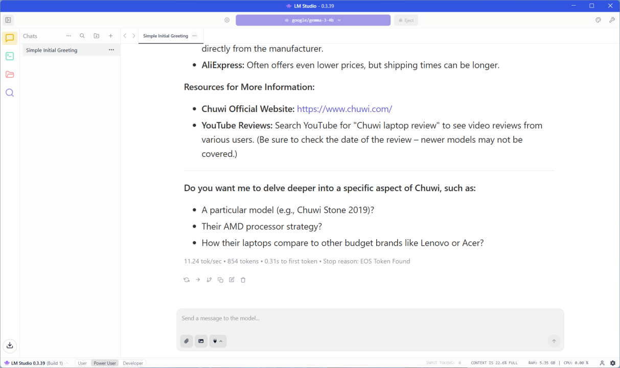 Chuwi CoreBook Air LM Studio Google Gemma 3 4b