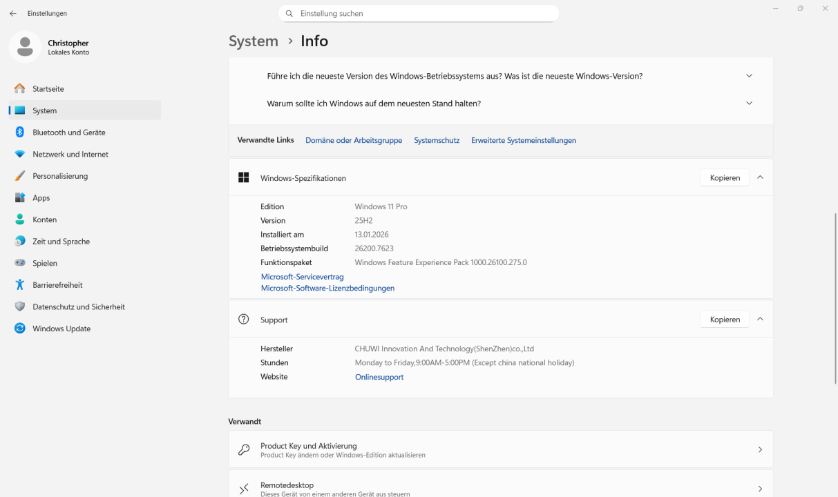 Chuwi CoreBook Air Windows 11 System Info
