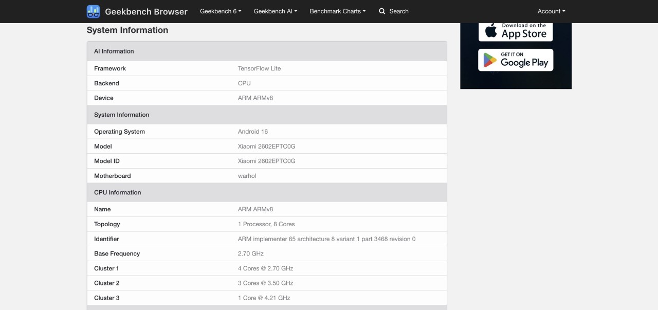 Xiaomi 17T Pro Geekbench Eintrag