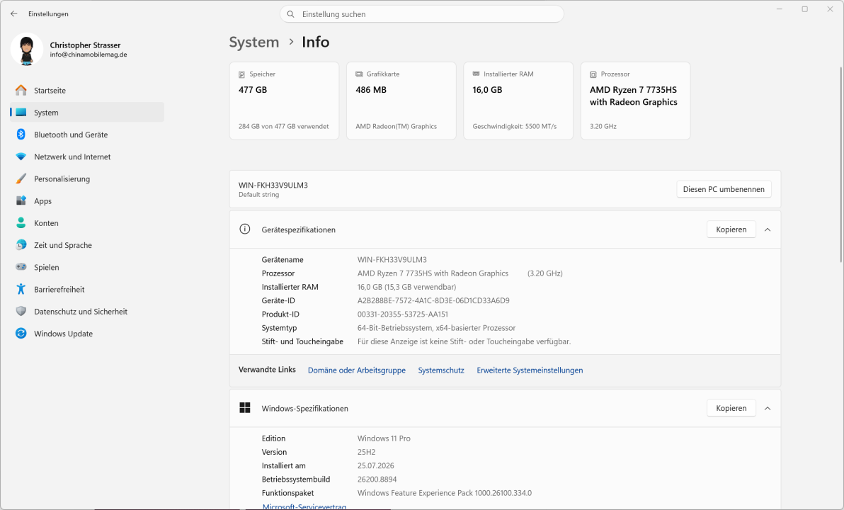 Acemagic M1 7735HS Systeminfo